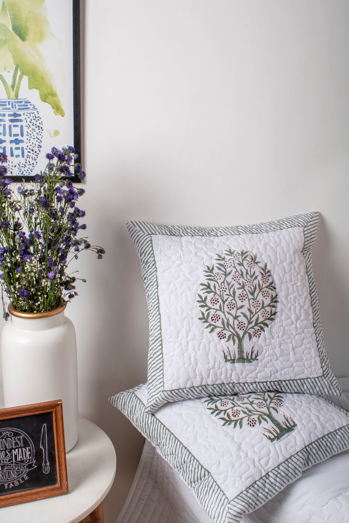 Trees Block Printed Quilted Cushion Cover Set of 2