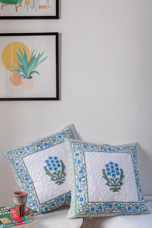 Efflorescence Block Printed Quilted Cushion Cover Set of 2