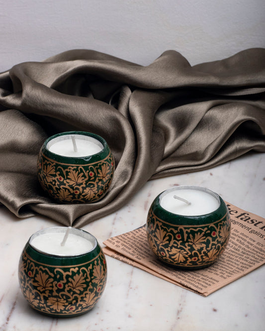 Green Kashmir Paper Mache Candle Set of 2