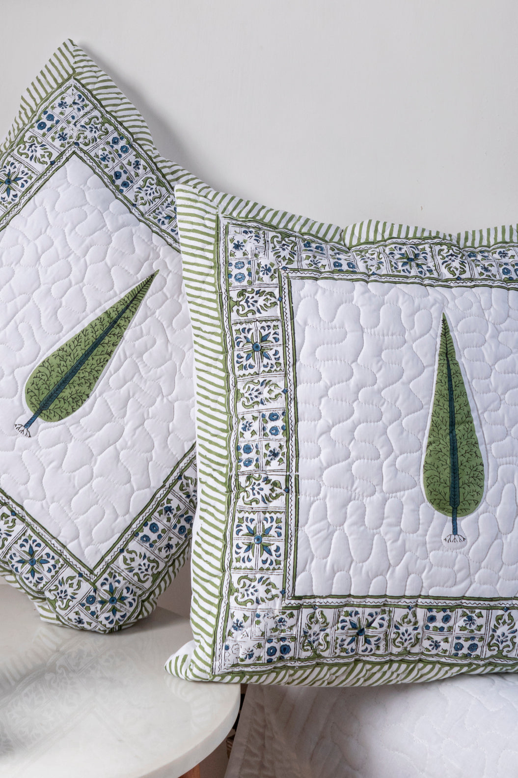 Topiary Block Printed Quilted Cushion Cover Set of 2