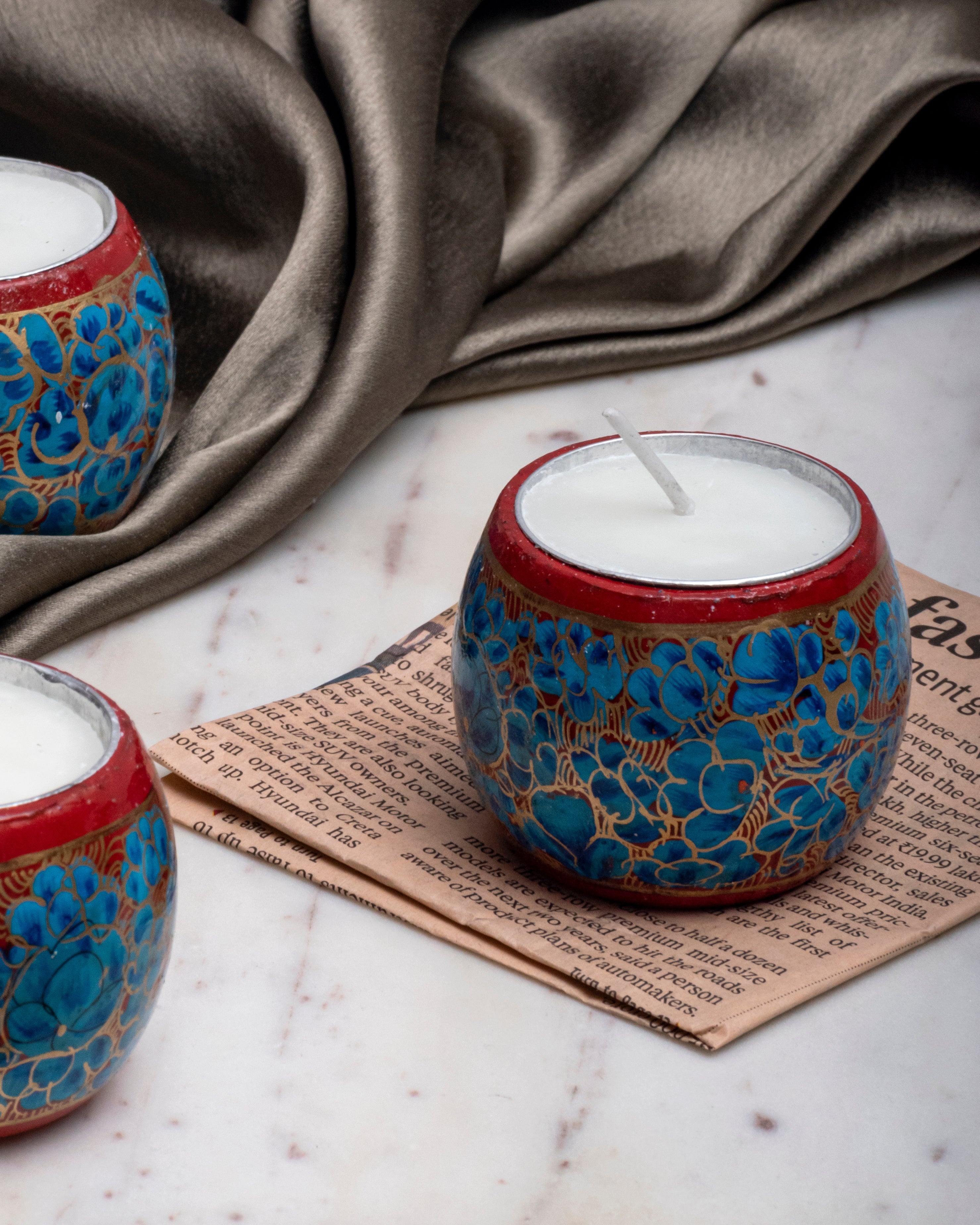 Blue Kashmir Paper Mache Candle Set of 2 IndianTesoro