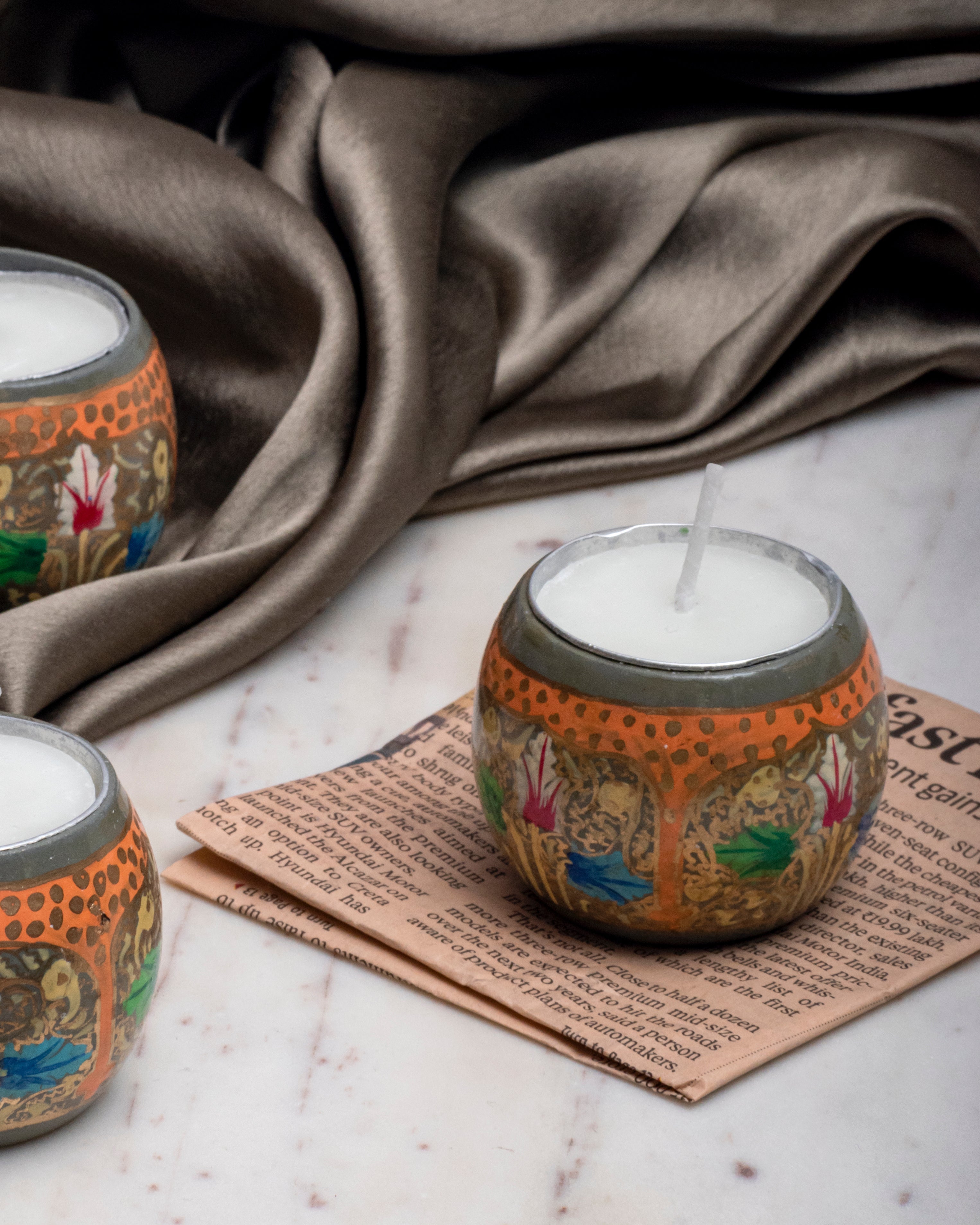 Grey Kashmir Paper Mache Candle Set of 2 IndianTesoro