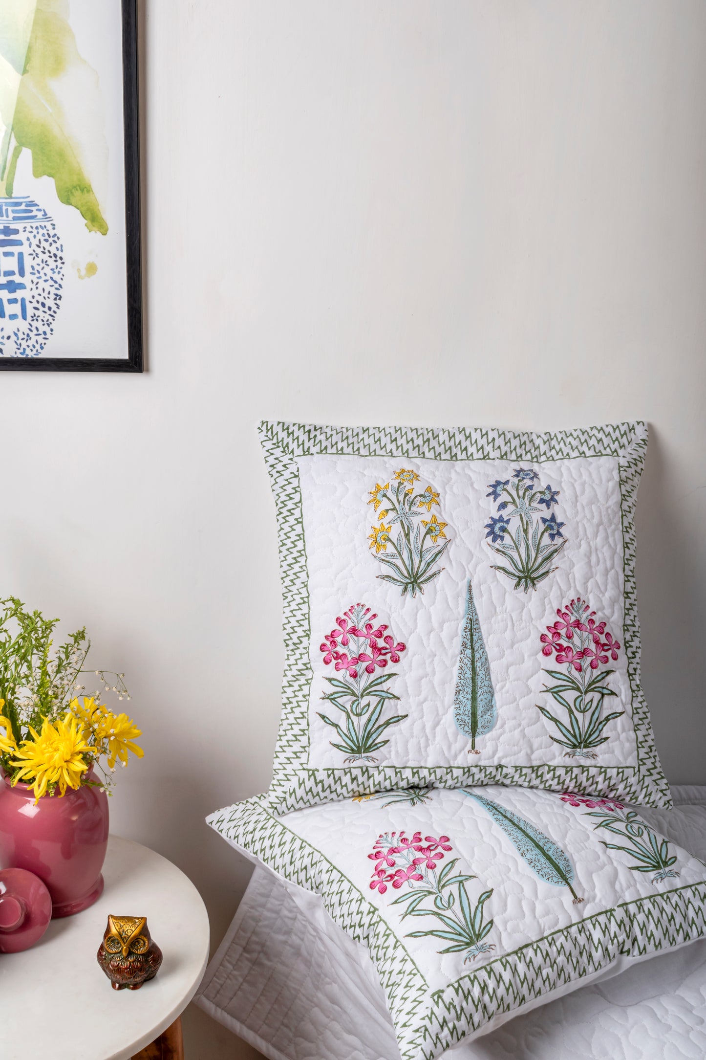 Multicolor Block Printed Quilted Cushion Cover Set of 2