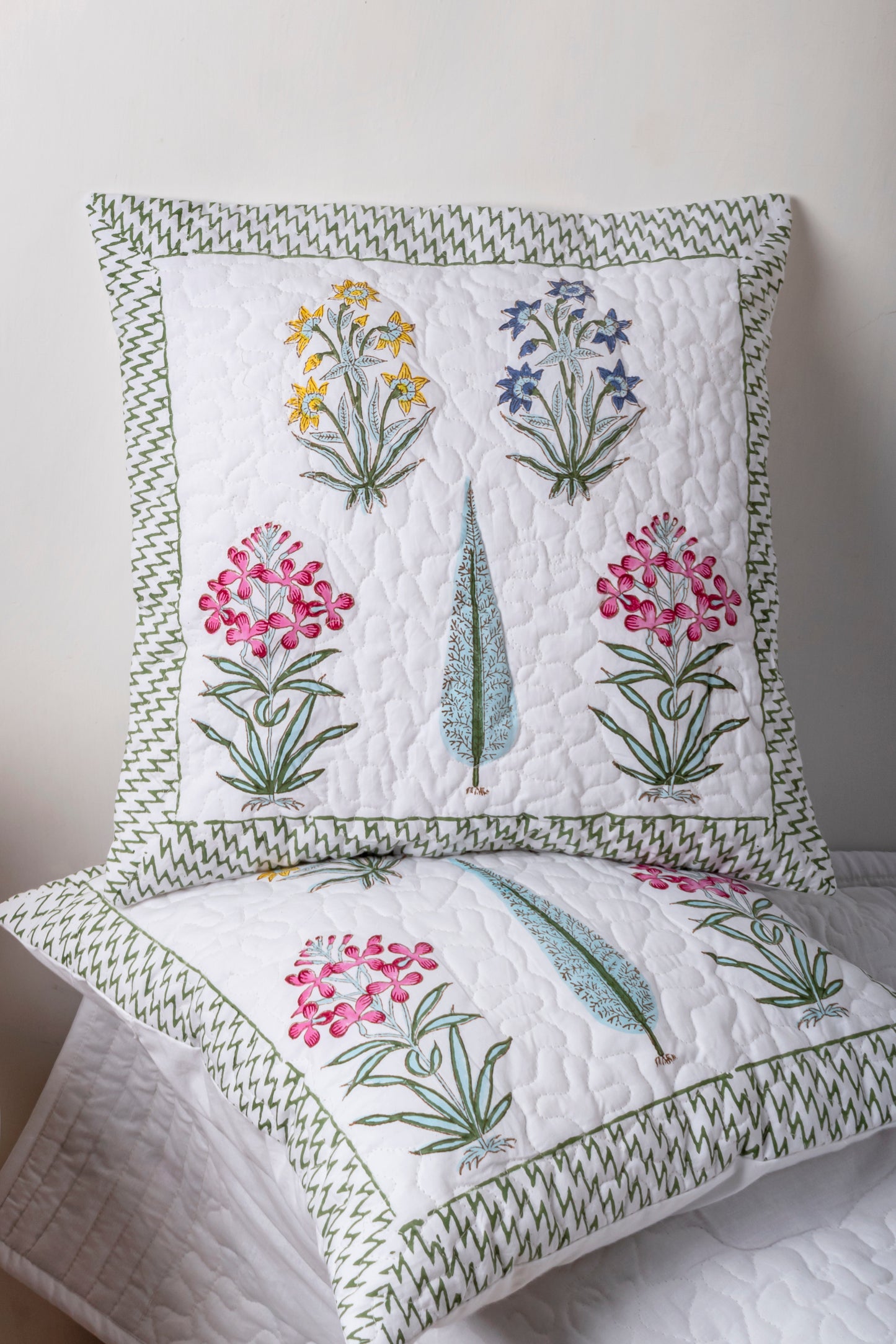 Multicolor Block Printed Quilted Cushion Cover Set of 2