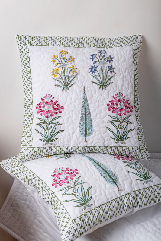 Multicolor Block Printed Quilted Cushion Cover Set of 2
