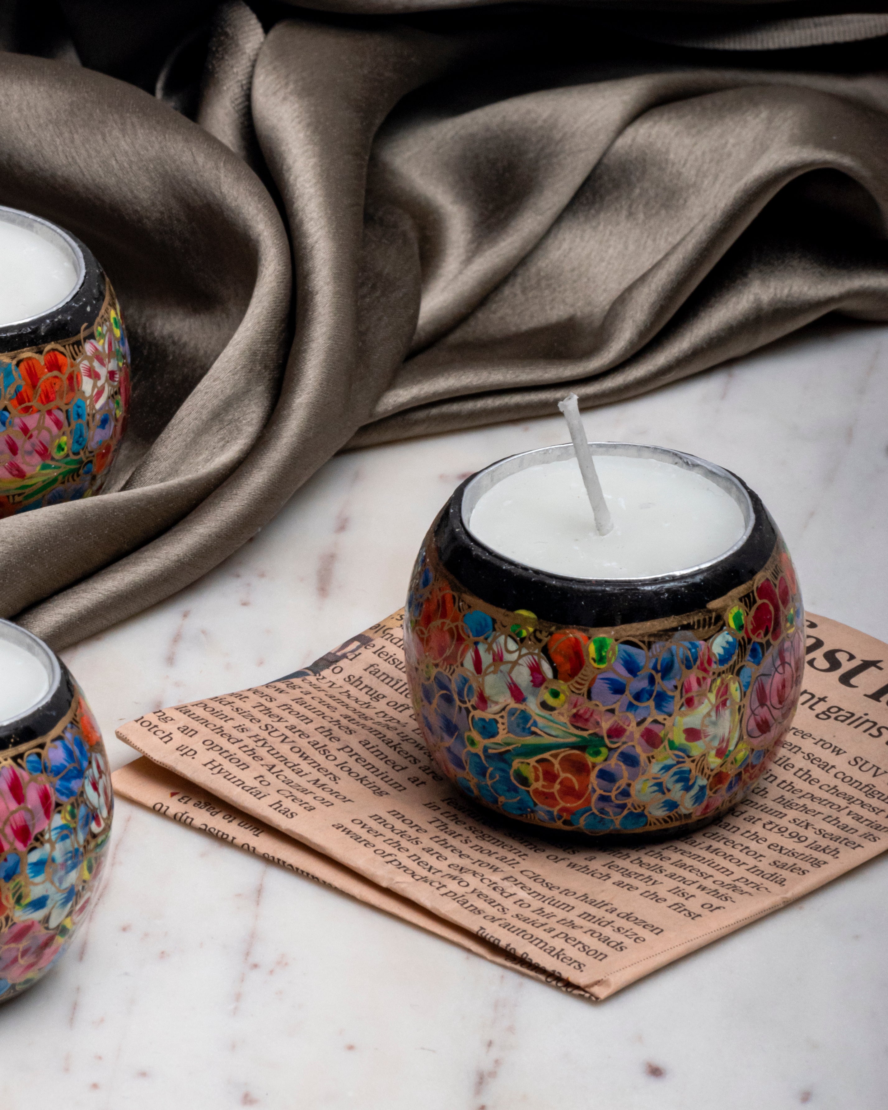 Black Kashmir Paper Mache Candle Set of 2 IndianTesoro
