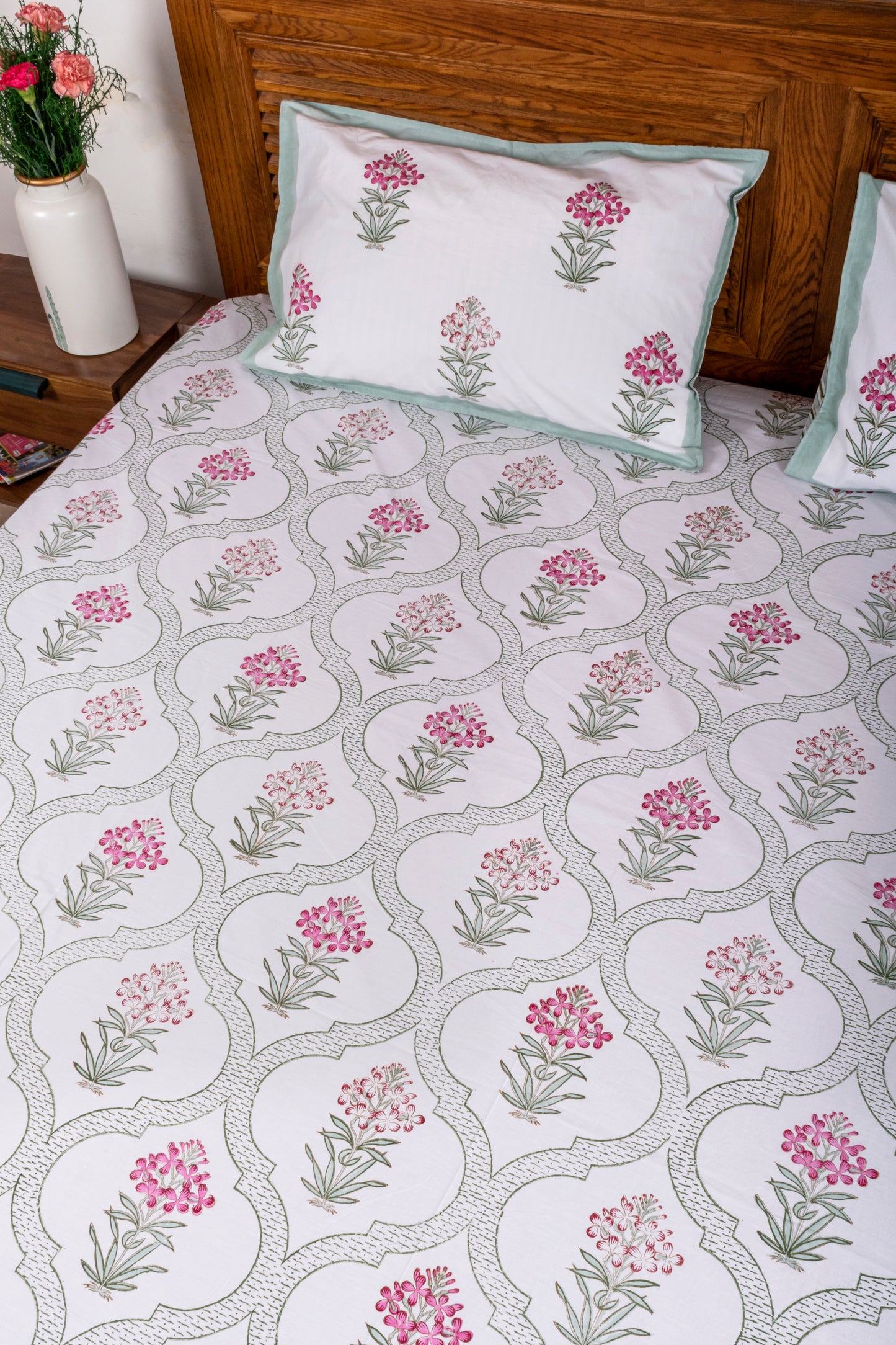 Cyclamen Floral Block Printed Bedsheet