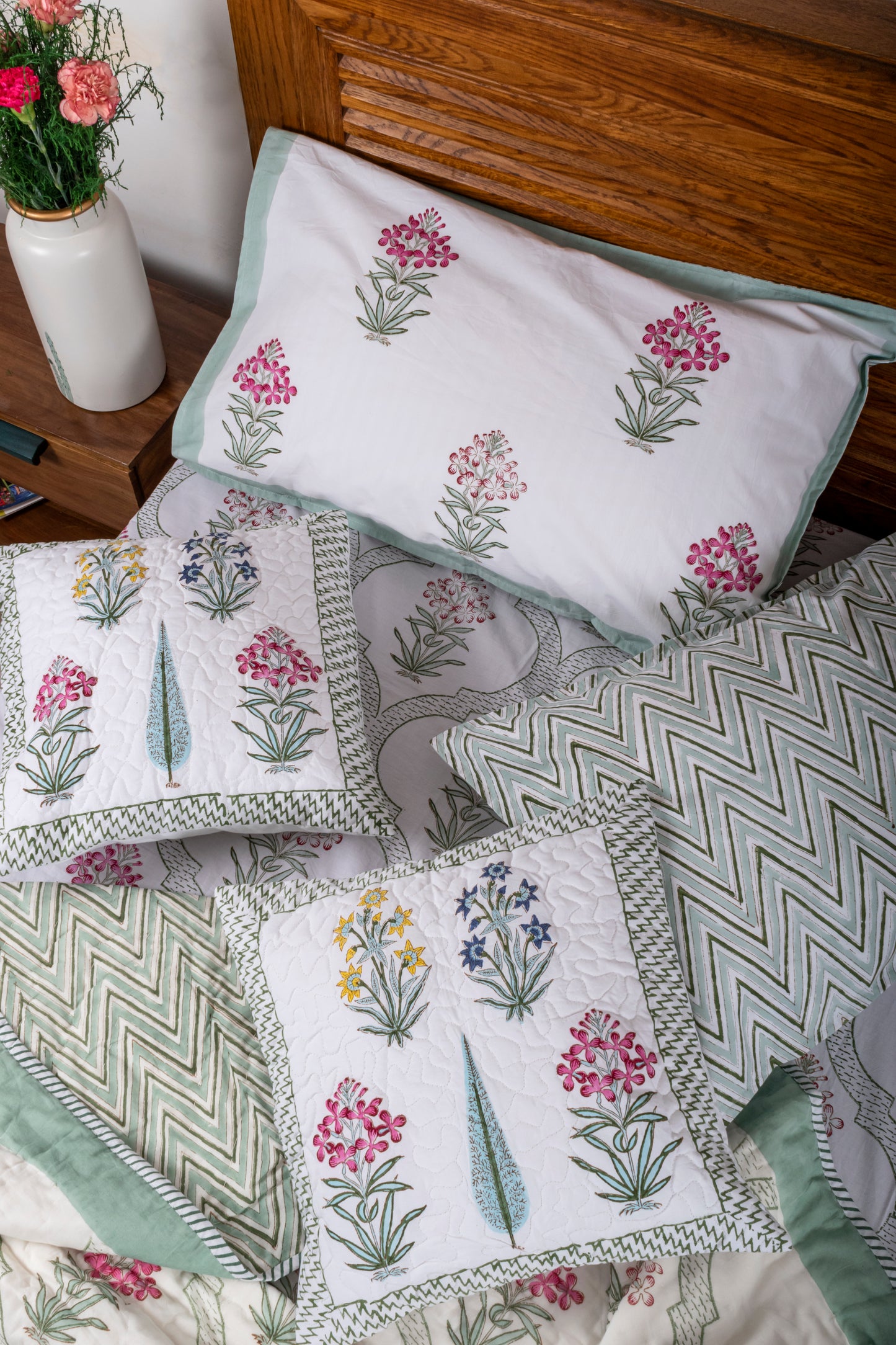 Cyclamen Floral Block Printed Bedsheet