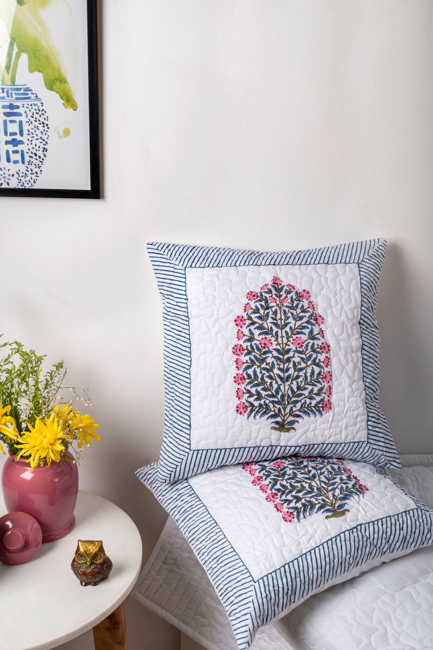 Canna Block Printed Quilted Cushion Cover Set of 2