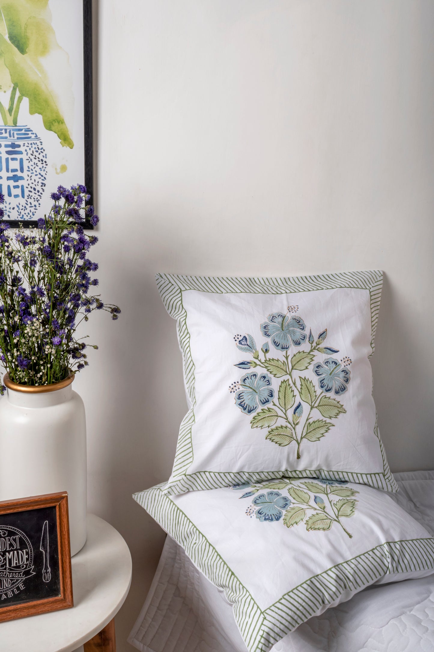 Hibiscus Block Printed Cushion Cover Set of 2
