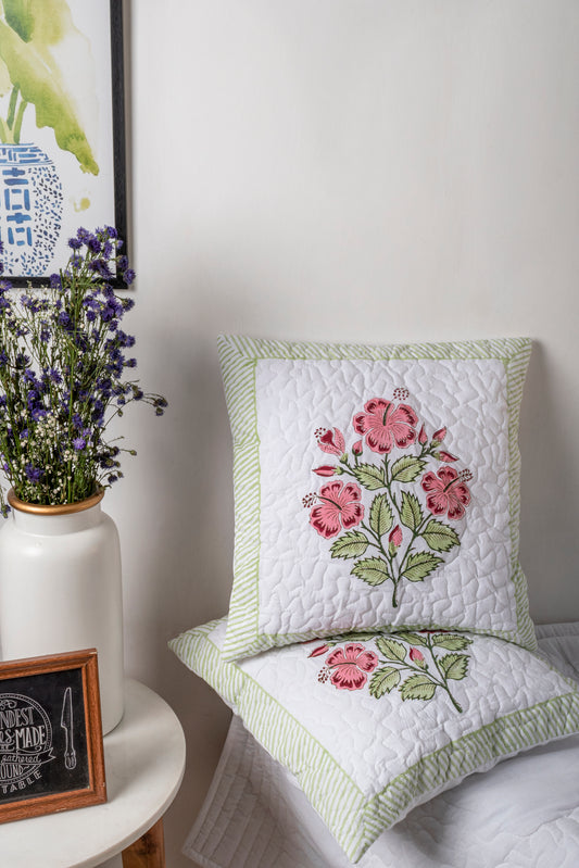 Hibiscus Block Printed Quilted Cushion Cover Set of 2