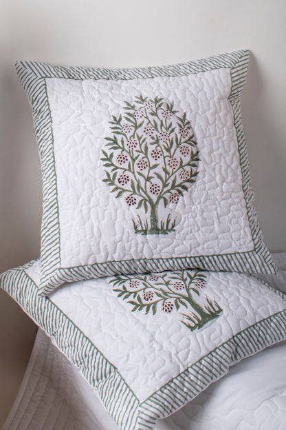 Trees Block Printed Quilted Cushion Cover Set of 2