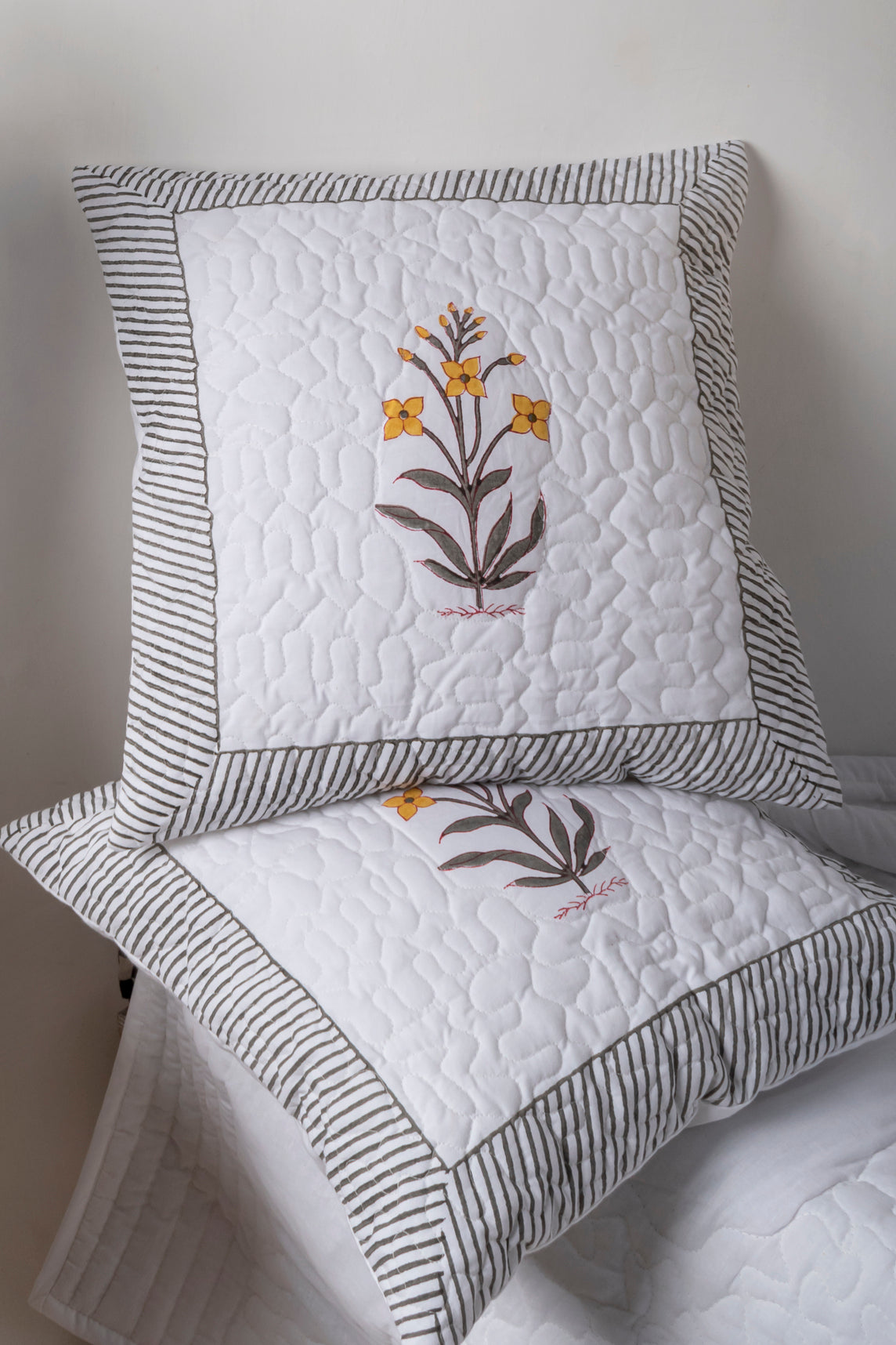 Wallflower Block Printed Quilted Cushion Cover Set of 2