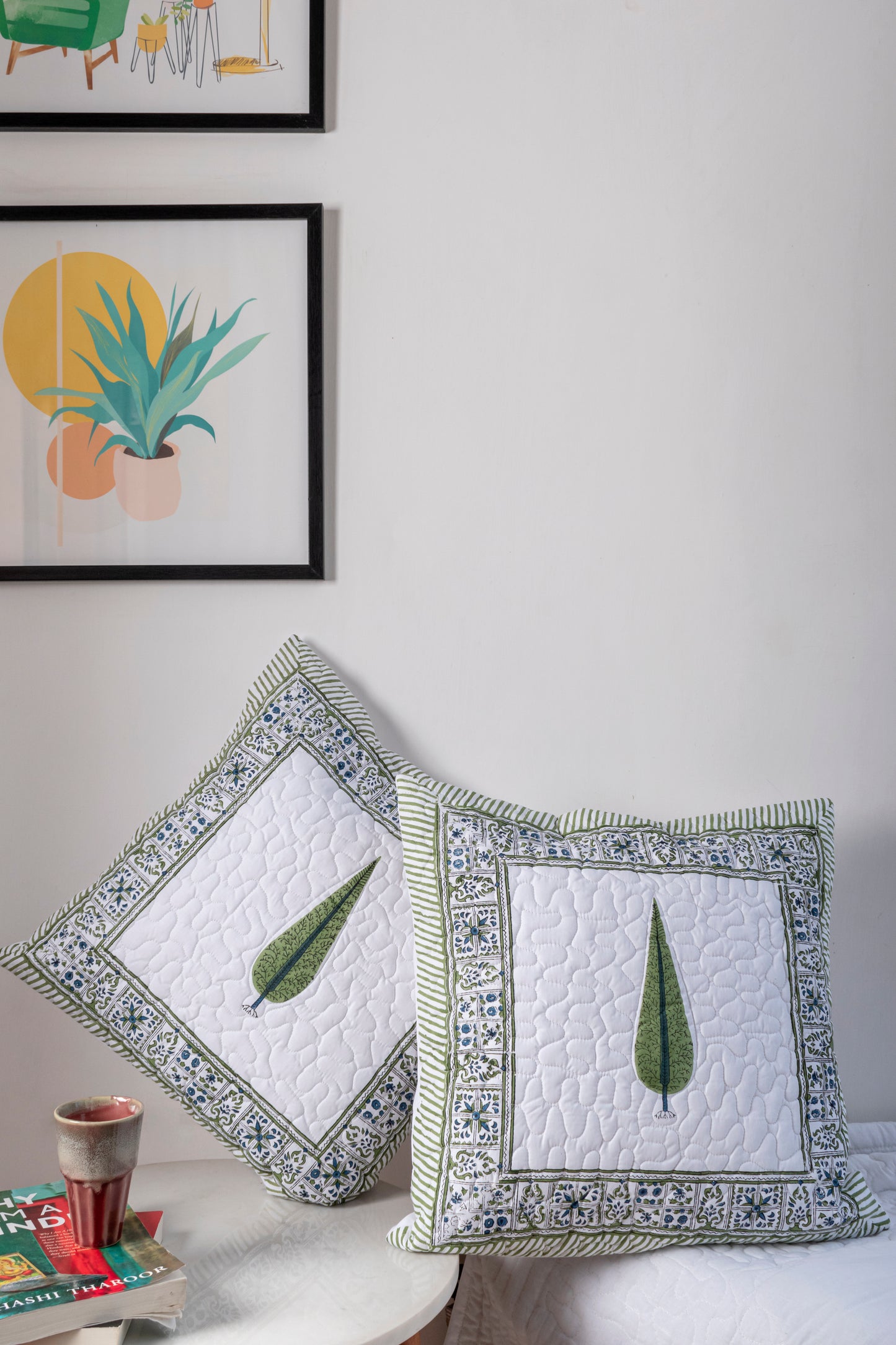 Topiary Block Printed Quilted Cushion Cover Set of 2