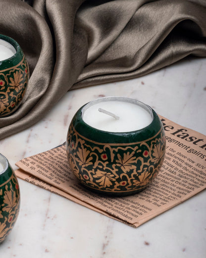 Green Kashmir Paper Mache Candle Set of 2