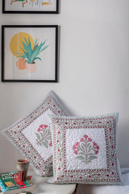 Poppy Block Printed Quilted Cushion Cover Set of 2