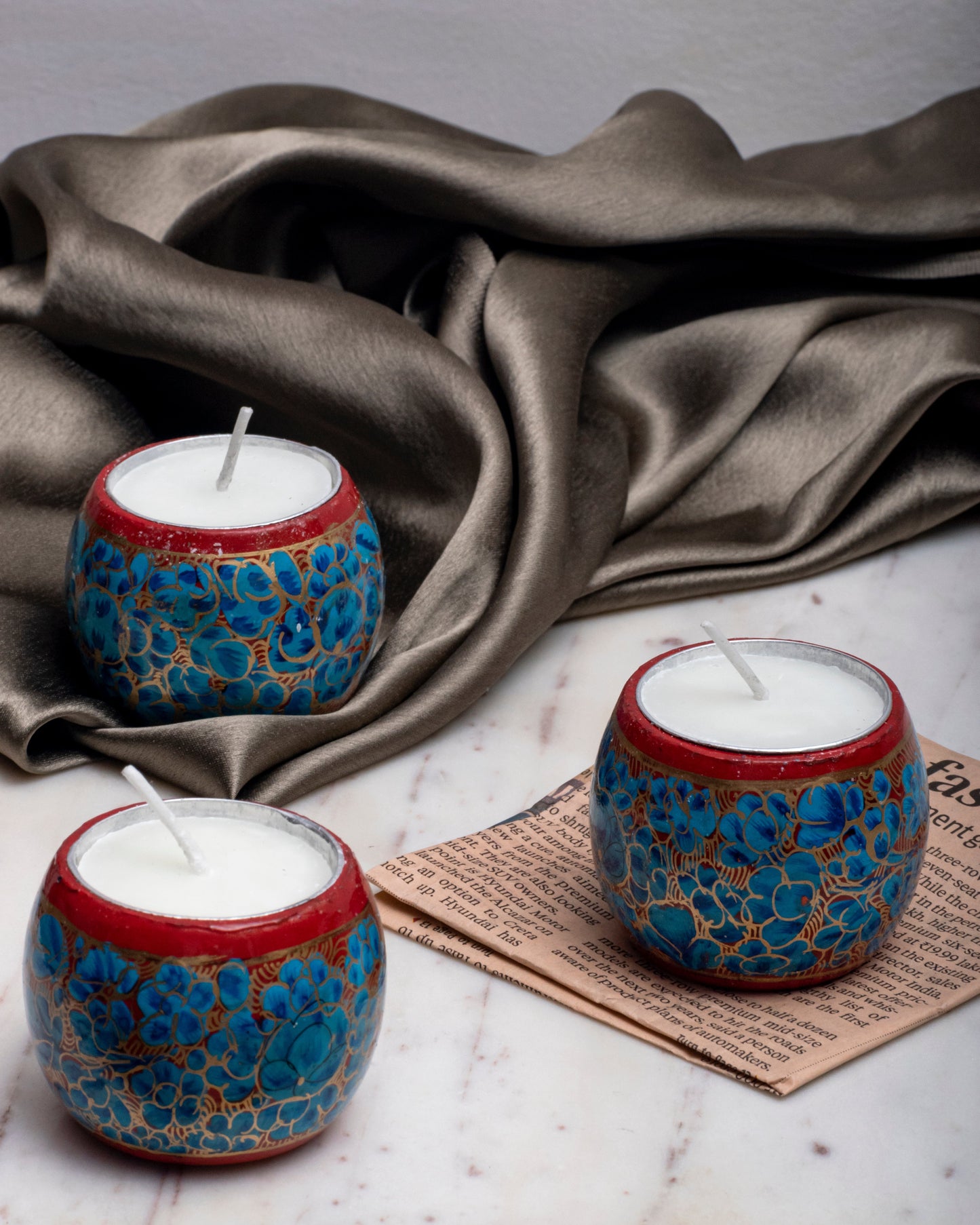 Blue Kashmir Paper Mache Candle Set of 2