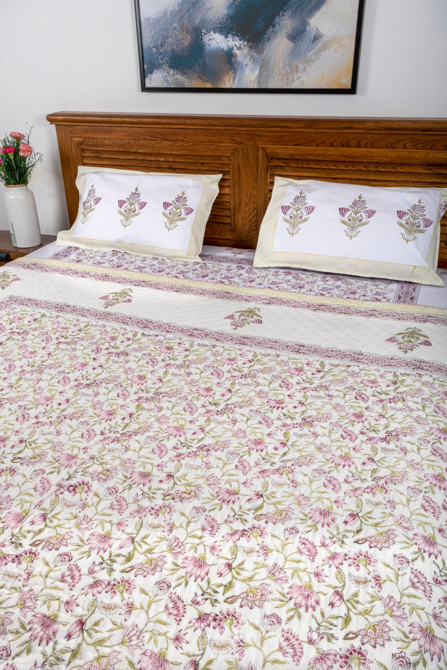 Pink Floral Block Printed Quilt