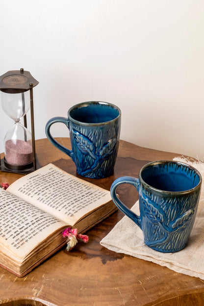 Blue Leaf Ceramic Mug Set of 2