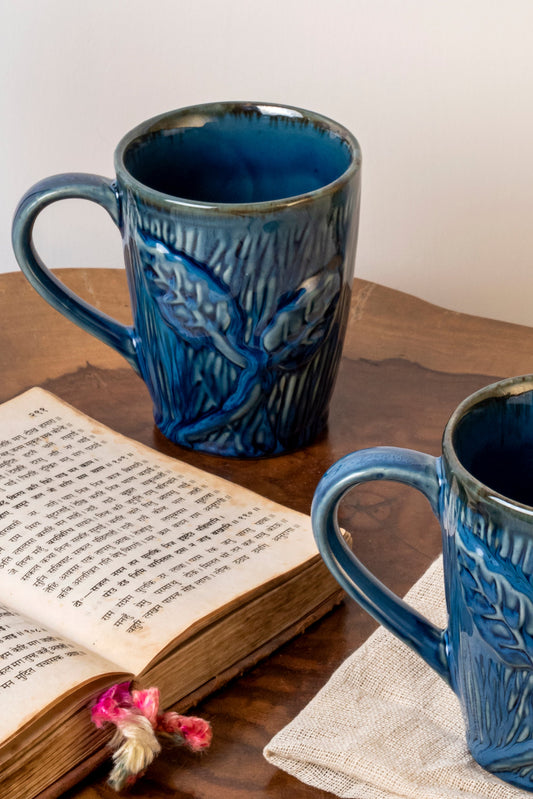 Blue Leaf Ceramic Mug Set of 2