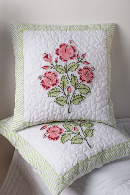 Hibiscus Block Printed Quilted Cushion Cover Set of 2